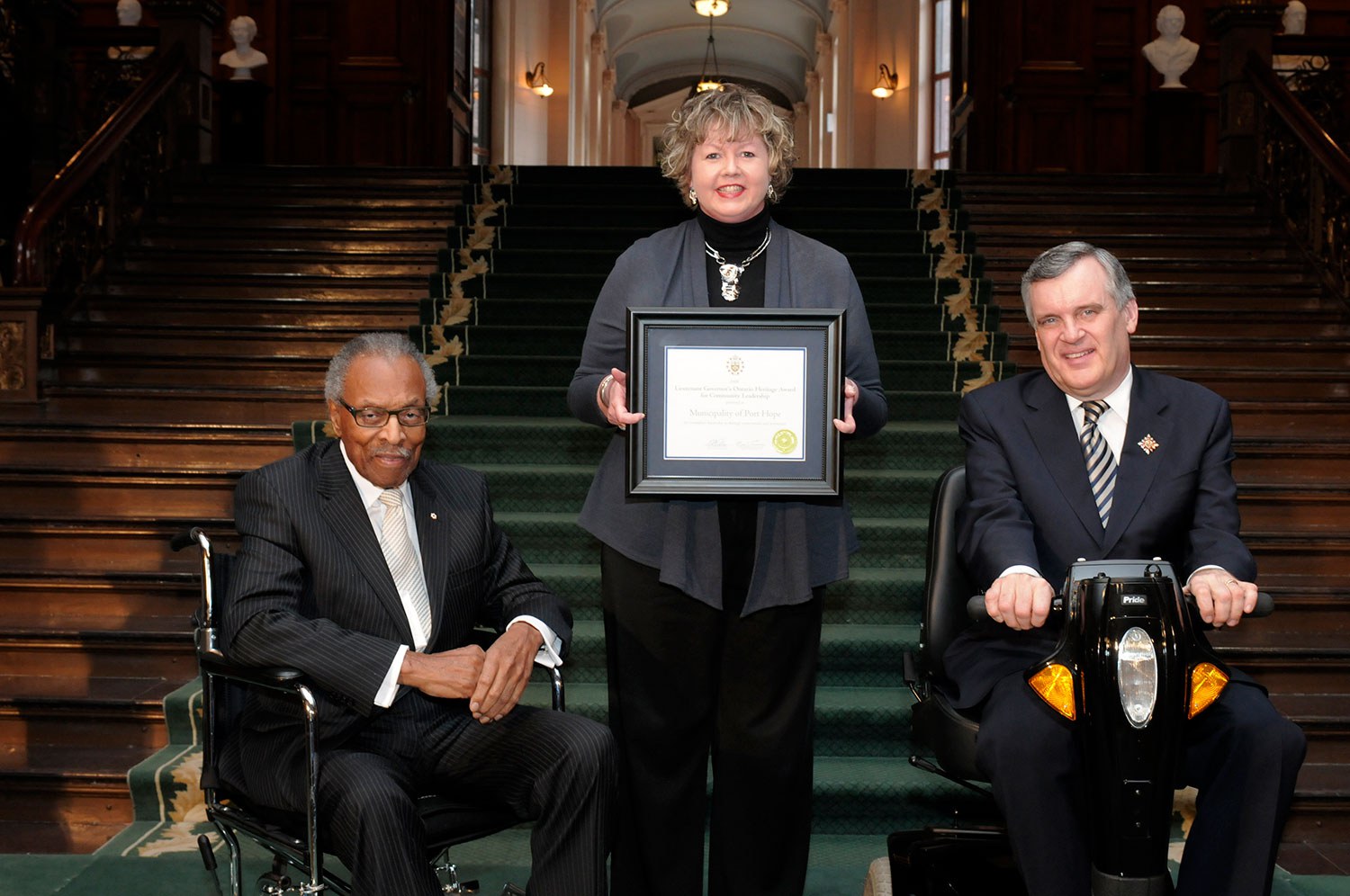 Port Hope was a recipient of a Community Leadership Award in 2008. The award was presented to Councillor Karen O’Hara by Lincoln M. Alexander, former Chairman of the Ontario Heritage Trust, and David C. Onley, Ontario’s Lieutenant Governor. (Photo: Tessa J. Buchan)