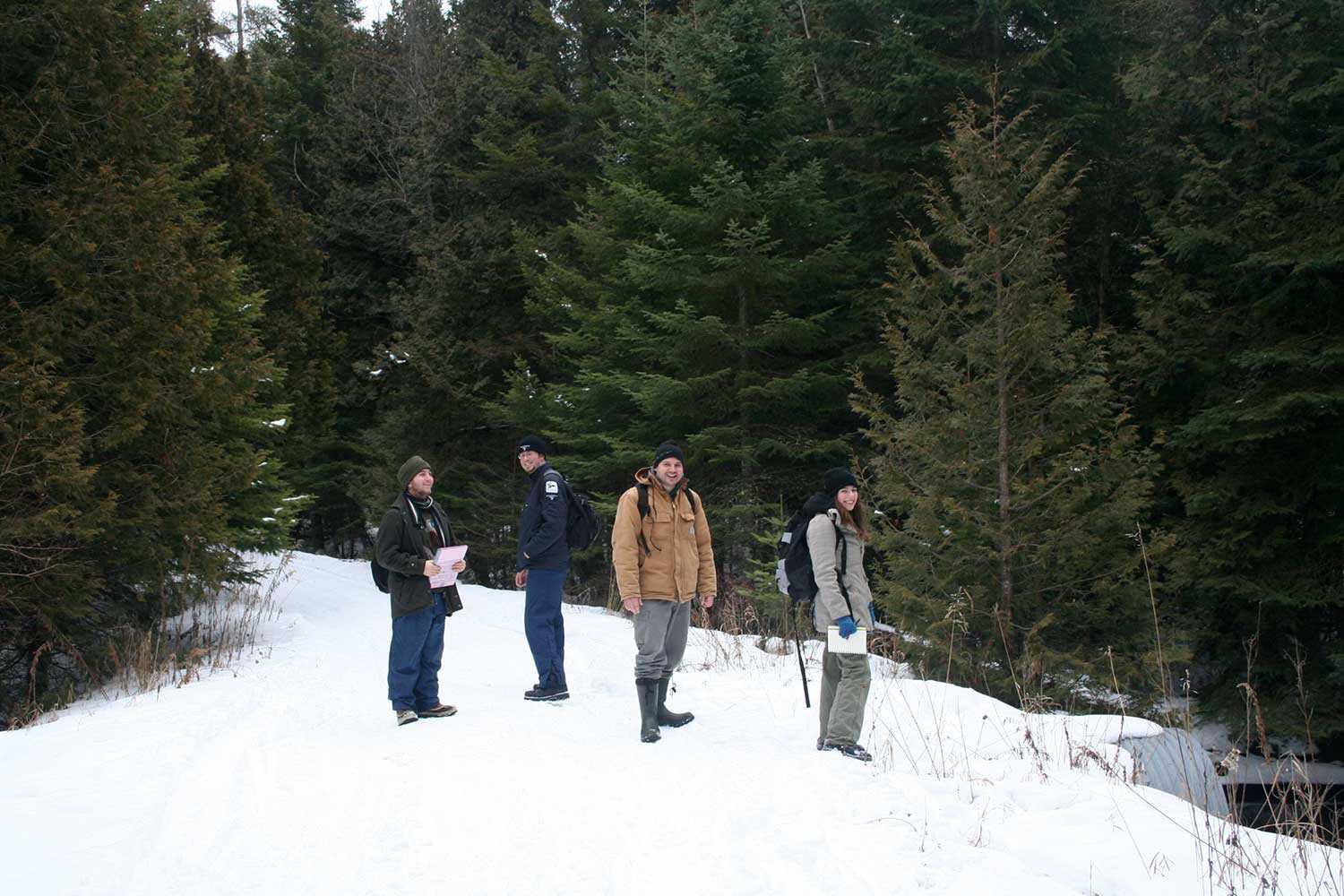 Fleming College students with Kawartha Conservation Area Coordinator Jessie James, preparing to gather data on the Fleetwood Creek plantations, spring 2010